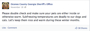 Oconee County Police Department warns people to keep their pets warm during the fall and winter months.