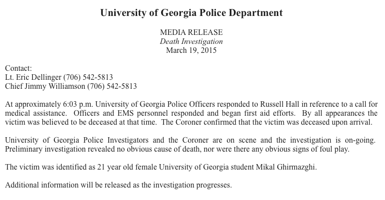 UGA Police Media Release