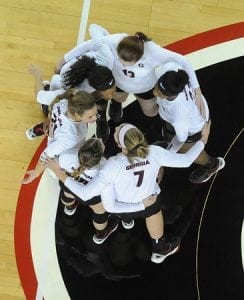 Georgia players celebrate after a point during the Bulldogs' match with the University of Kentucky Wildcats on Thursday, November 5, 2015 at the Stegeman Coliseum in Athens, Ga. (Photo by Sean Taylor)