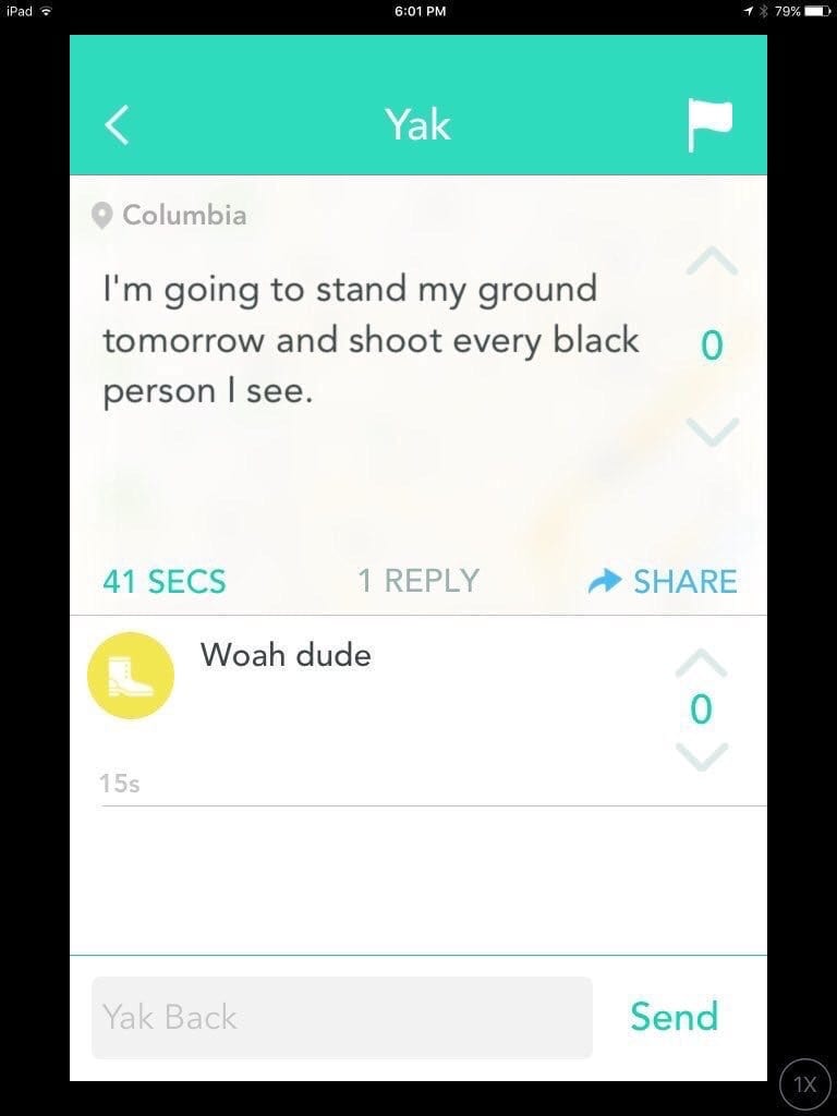 Yik Yak threat at the University of Missouri on Tuesday night. 