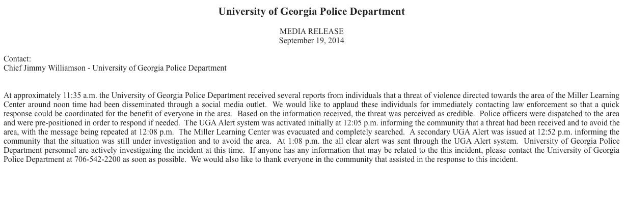 Press release from the University of Georgia after the Yik Yak incident.