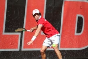 Wayne Montgomery hits the ball during a singles match during an NCAA match between Georgia and Mississippi State at the Dan Magill Tennis Complex on Friday, March 4, 2016, in Athens, Ga. (Photo by Emily Selby)