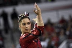 Vivi Babalis performs her floor routine during an NCAA gymnastics meet between Stanford University and the University of Georgia at Stegeman Coliseum on Monday, Jan. 18, 2016, in Athens, Ga. (Photo by David Barnes)