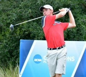 Lee McCoy tees off during the first round of the NCAA Championships at Concession Golf Club in Bradenton, Fla., on Friday, May 29, 2015. (Photo by Steven Colquitt)