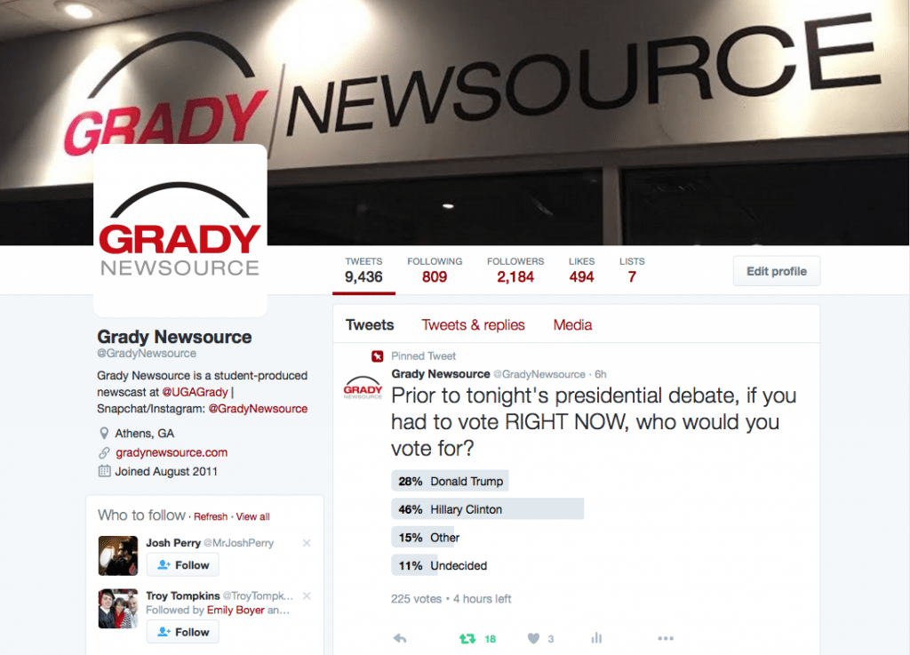 Screen shot of Grady Newsource Twitter Page.
