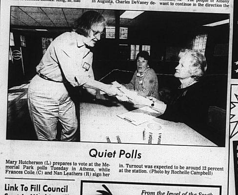 Nan Leathers working at the polls in 1993. Courtesy Athens Banner-Herald / UGA Library Archive
