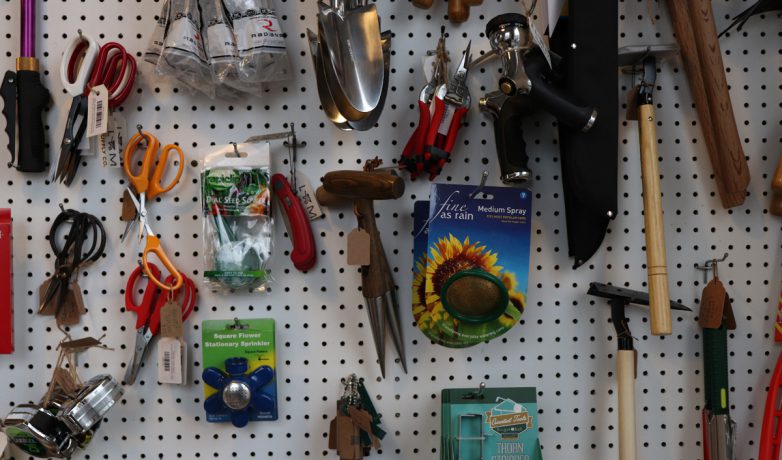 Numerous garden tools were displayed on a wall in the front room of Lotta Mae’s on Feb. 20, 2019, in Athens, Georgia. (Photo/Mary Martin Harper)