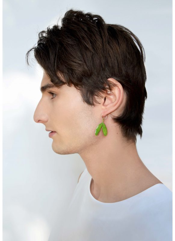A model poses for finished product of Lenny Murr’s Green Leaf earring. (Photo Courtesy/Lenny Murr)