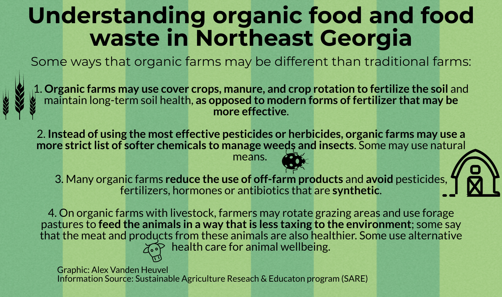 Most of the differences between organic and traditional farming techniques involve the avoidance of synthetic or outside materials.