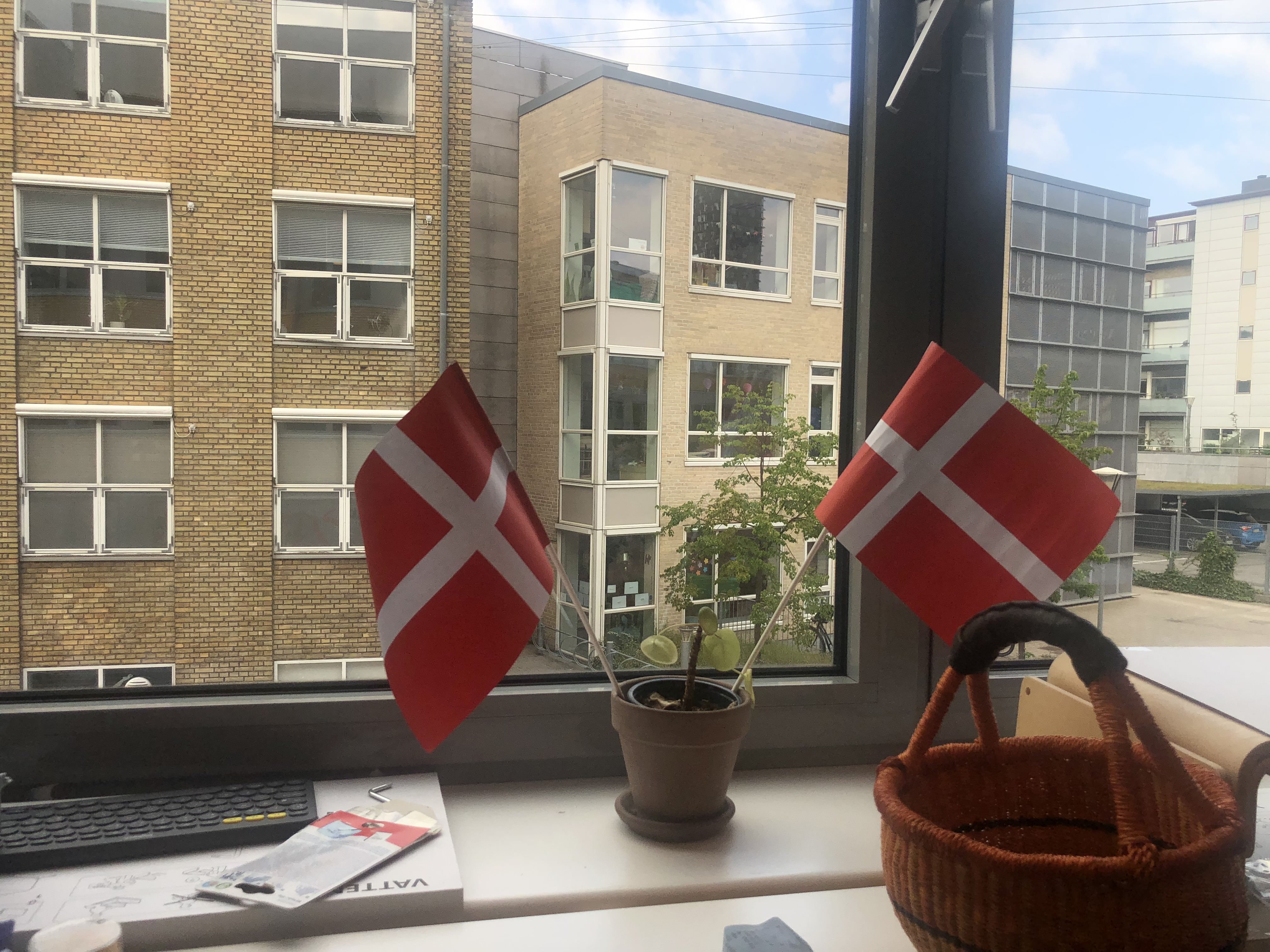 Danish flags in the windowsill of the ReDI School office. 