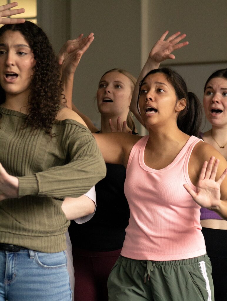 University of Georgia students Bianca Cordona (front right), Jenna Gurban (front left), Isabelle Lovejoy (back right), and Brier Gregory (back left), learn choreography for a new number in “First Semester: A Musical,” on Sunday February 11, 2024. Cordona plays the lead role of “Alicia,”while Gurban plays “Tiffany,” Alicia’s best friend in the show. (Photo/Katie Harrill)
