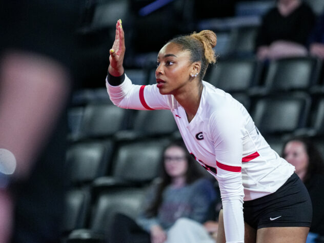 Bianna Muoneke of the UGA volleyball team prepares to serve during a match in November.