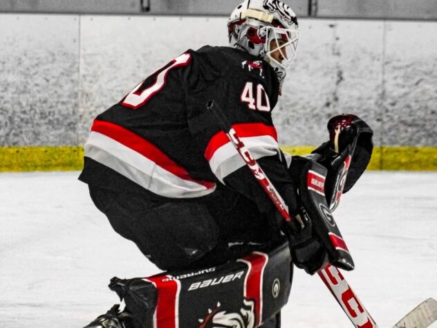 A hockey goalie catches a puck.