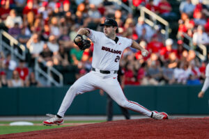 A University of Georgia pitcher throws a baseball.