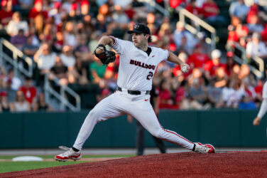 A University of Georgia pitcher throws a baseball.