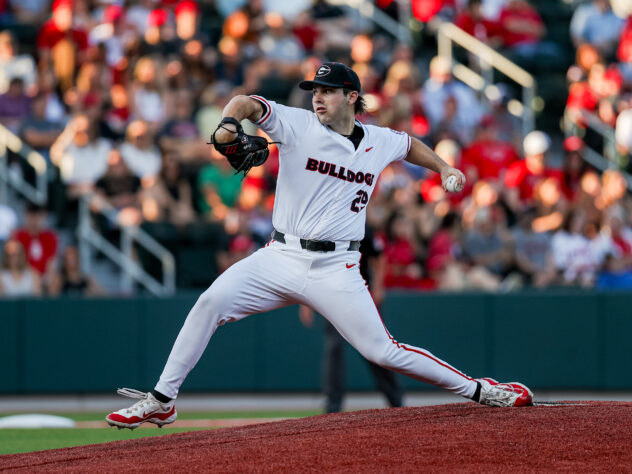 A University of Georgia pitcher throws a baseball.