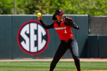 A softball player prepares to throw the ball.