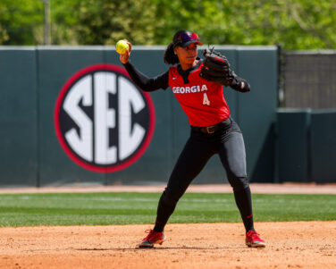 A softball player prepares to throw the ball.