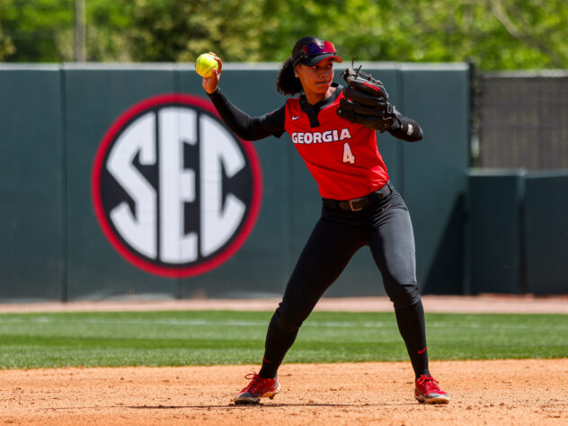 A softball player prepares to throw the ball.