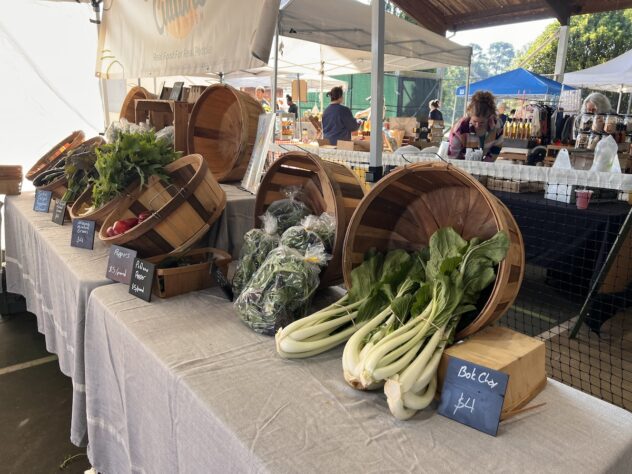 A farmers market stall displays wooden baskets filled with fresh greens, radishes, and bok choy on a table with a gray cloth. Signs label the produce as shoppers browse this vibrant market and other nearby booths under tents.