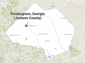 Map of Jackson County, Georgia, highlighting the location of Pendergrass with a red circle and labeled text. Surrounding towns and a river are also shown.