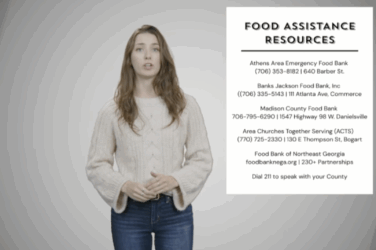 A woman stands in front of a gray background next to a list titled Food Assistance Resources, which provides names, addresses, and contact numbers for food banks and assistance programs in Georgia.