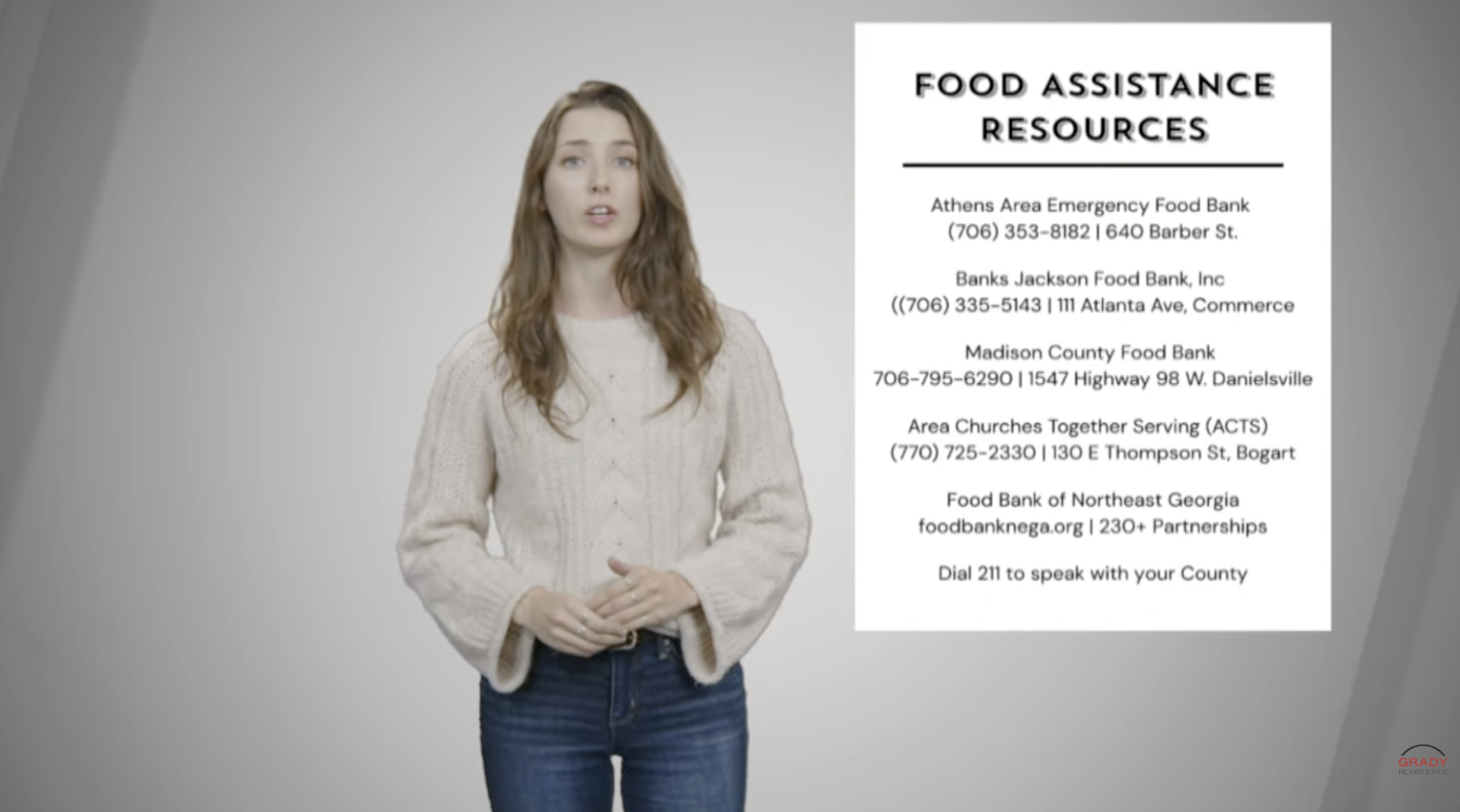 A woman stands in front of a gray background next to a list titled Food Assistance Resources, which provides names, addresses, and contact numbers for food banks and assistance programs in Georgia.