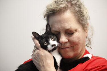 A woman cuddles a stray cat.