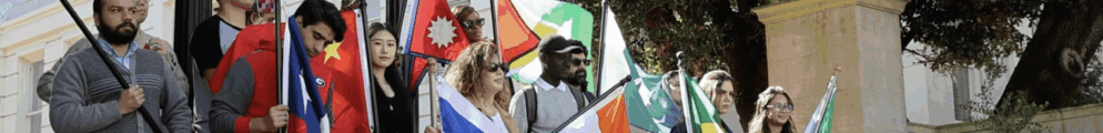 Group of students holding flags in front of the UGA arch