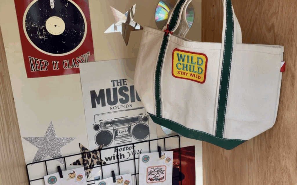 Items like a bag, stickers and a poster