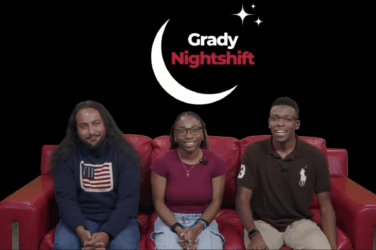 Three hosts sitting on a red couch with the Grady Nightshift logo behind them