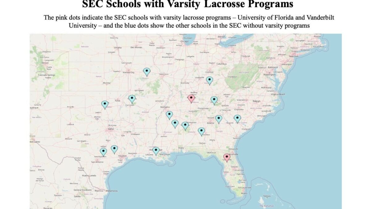 A map shows Southeastern Conference universities, labeling those that have varsity women's lacrosse and those that don't.