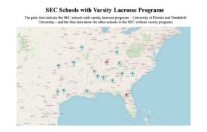 A map shows Southeastern Conference universities, labeling those that have varsity women's lacrosse and those that don't.