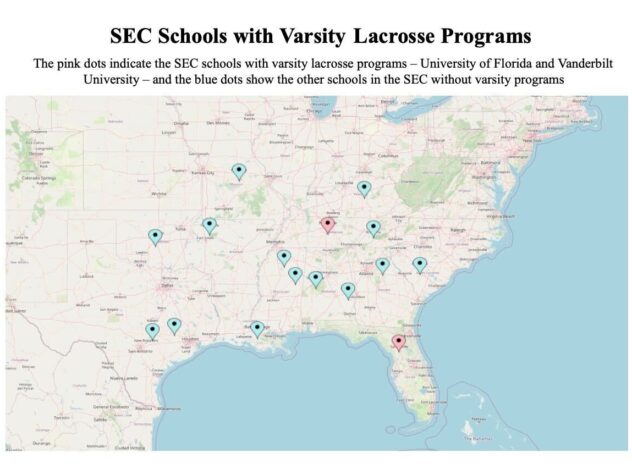 A map shows Southeastern Conference universities, labeling those that have varsity women's lacrosse and those that don't.