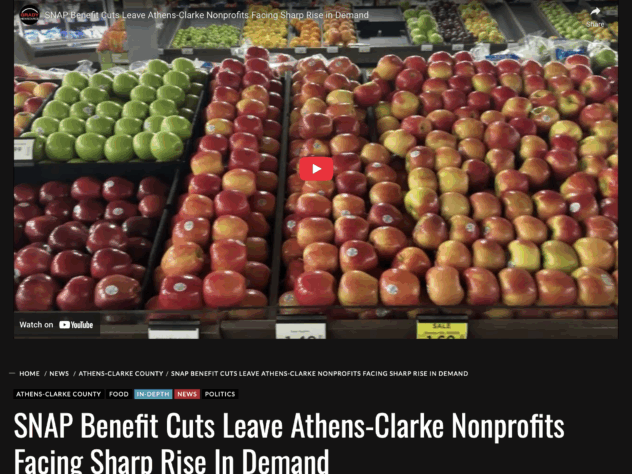 Screenshot of a Grady Newsource story on SNAP benefit cuts showing apples in a supermarket