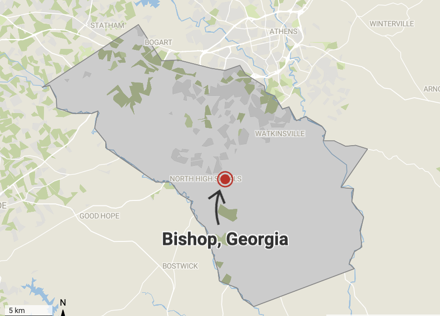 Locator map of Bishop, Georgia in Oconee County
