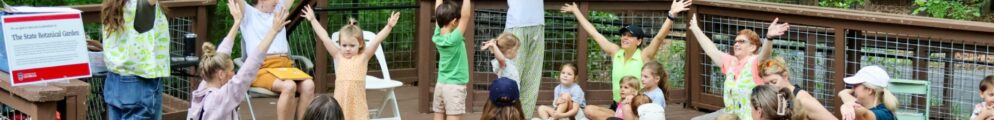 A group of adults and children put their arms in the air while sitting on a platform in the woods.