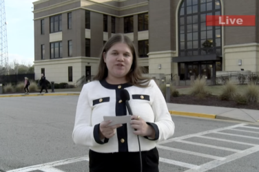 A reporter stands outside a courthouse with a microphone