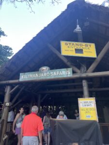 People stand at entrance to a theme park