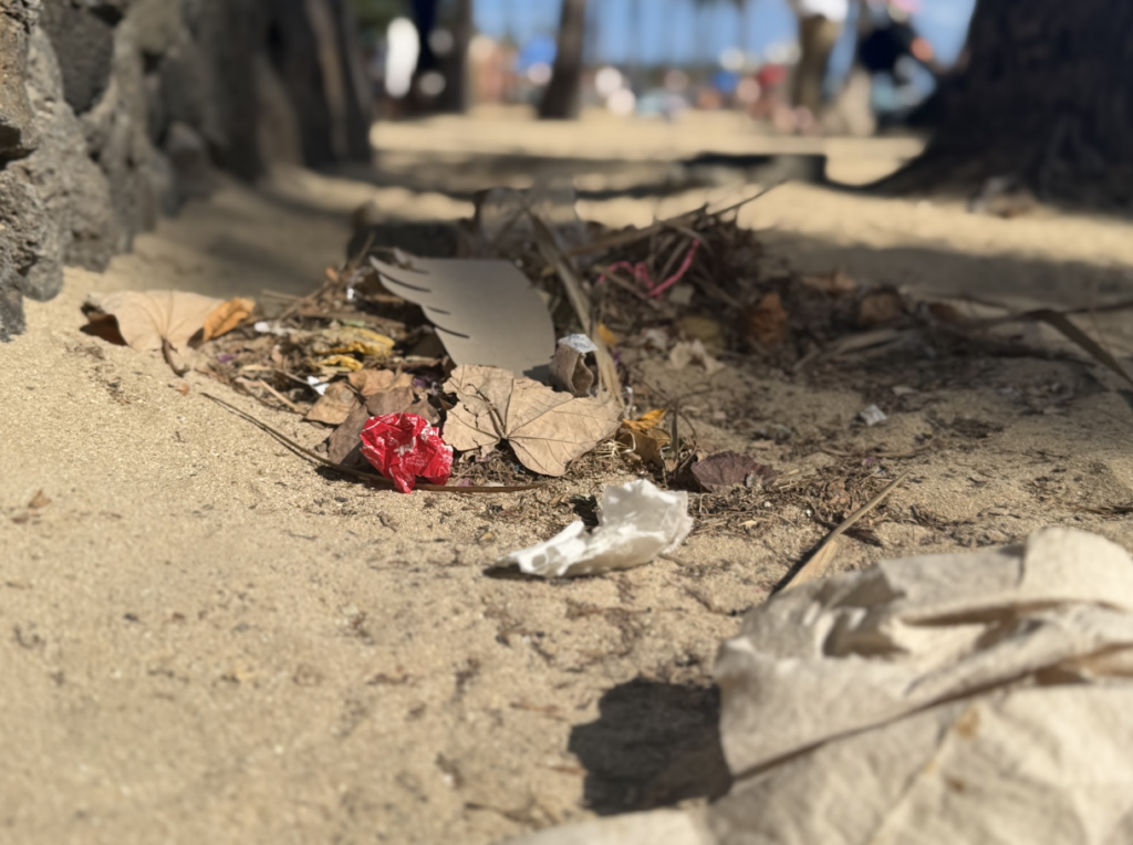 Garbage and litter on the sand on a beach