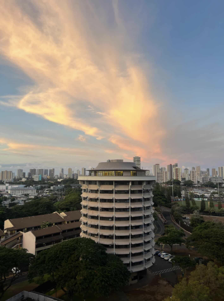 Pink clouds above buildings in a city