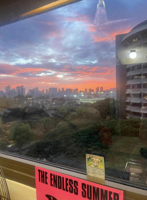 Photo outside of a window at sunset of city skyline