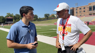 Reporter interviews a football coach on the field