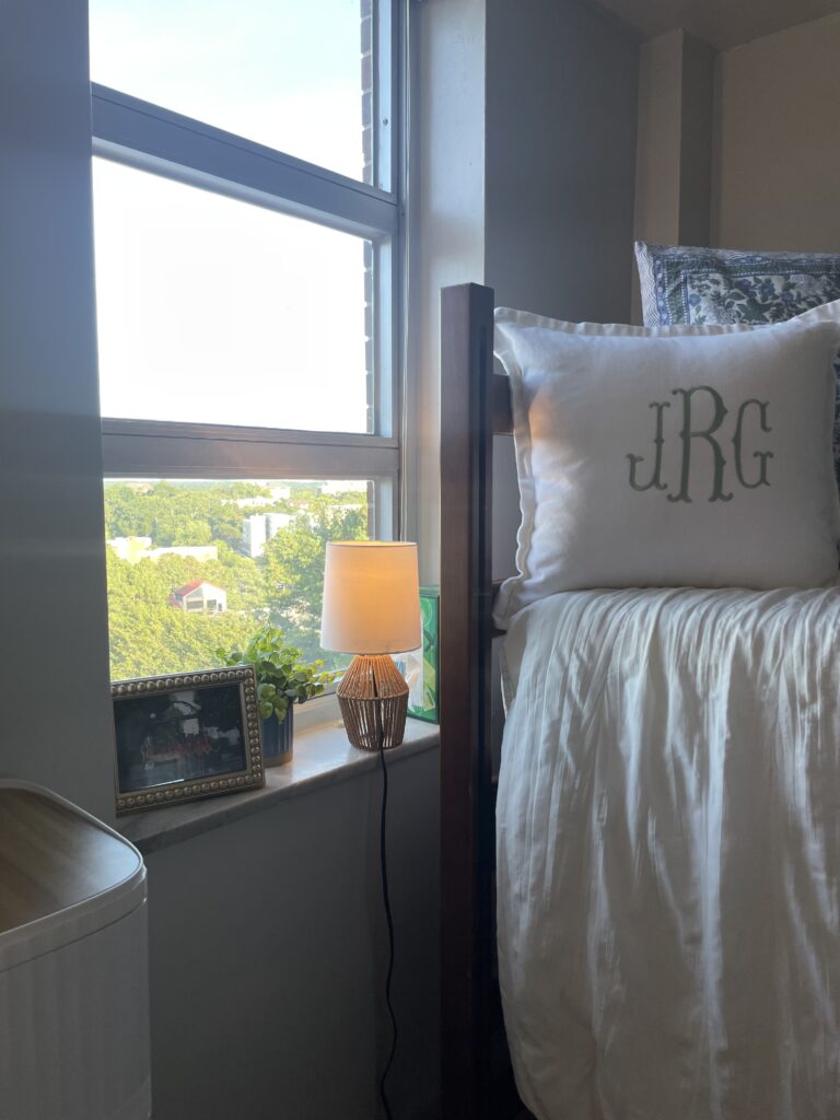 A decorative pillow and a warm-toned lamp sit near the window.