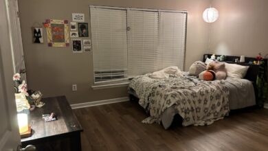 A bedroom with a bed, a large window and a college next to the window.