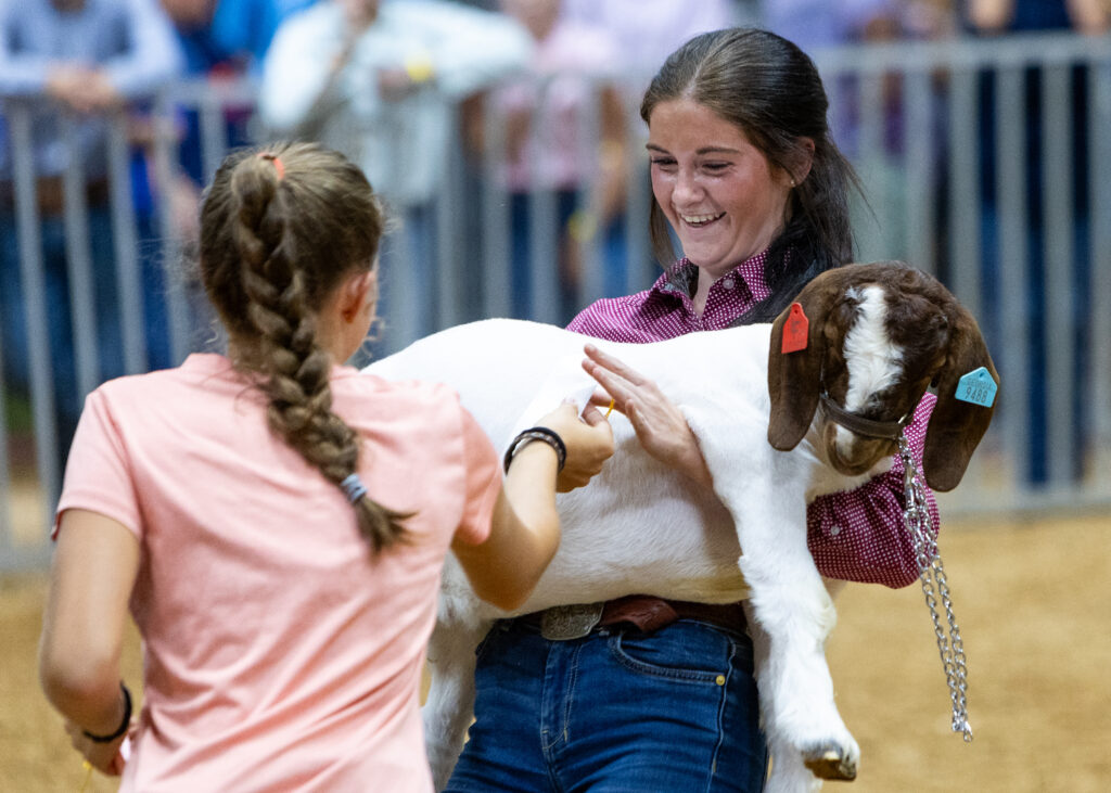 A young woman holds a goat as another young woman looks on