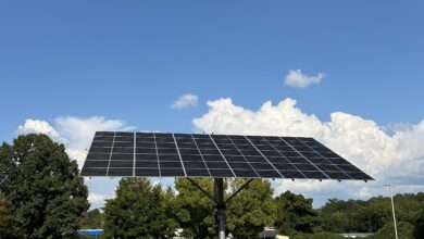 Solar Trackers in the paring lot of Athens-Clarke County Library.
