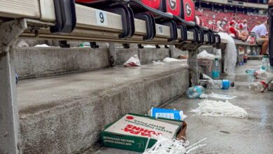 Sanford Stadium stands with food waste after the game